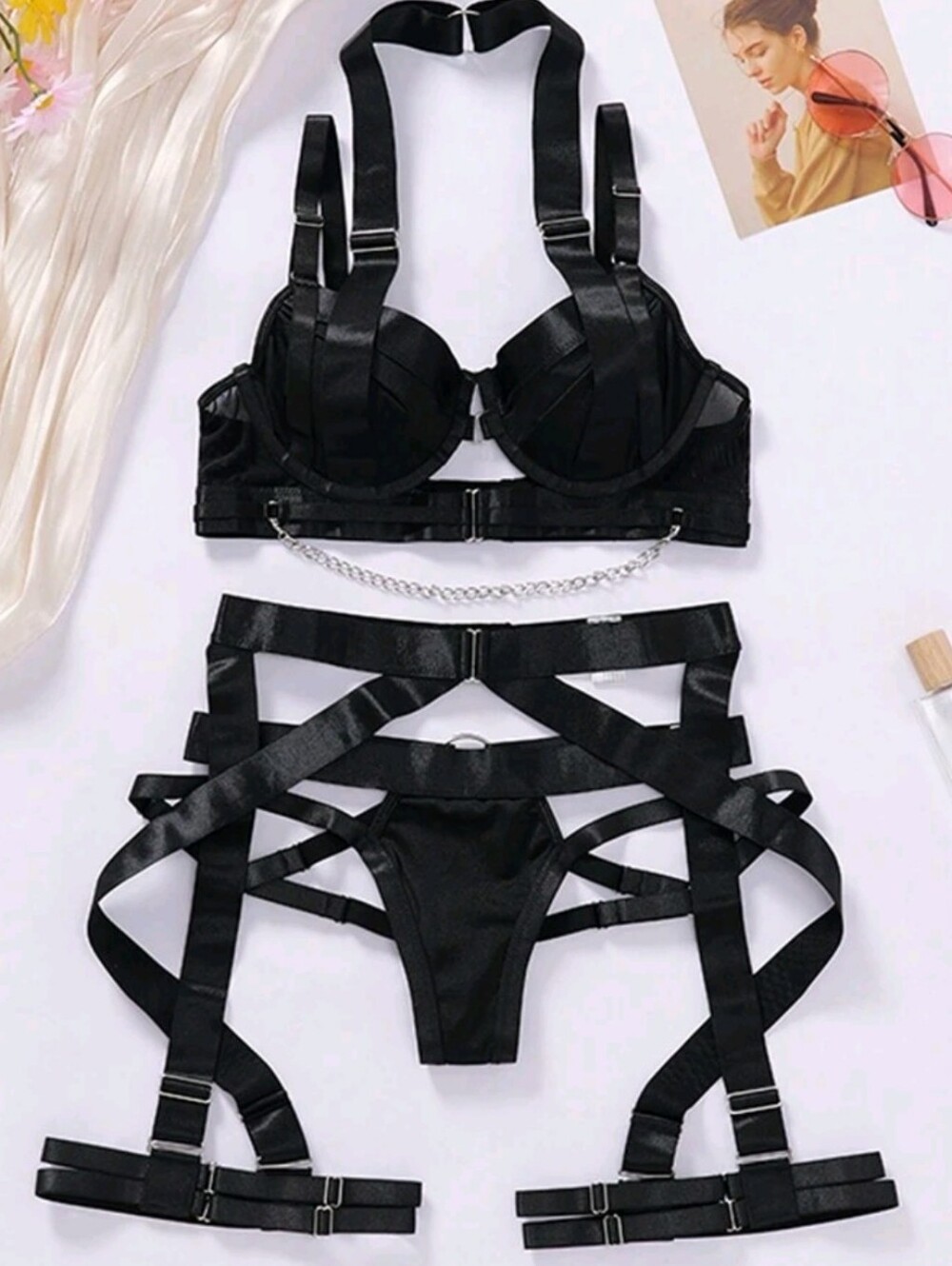 Black Strappy Harness Bra & Garter Set with Chain Accent